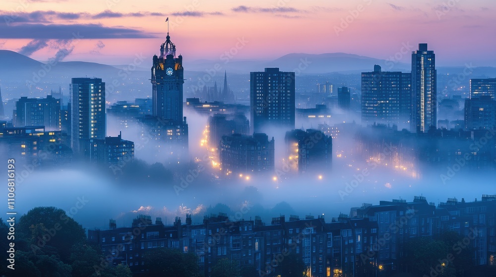 A misty cityscape at dawn, featuring buildings and a clock tower in soft, atmospheric light. A misty cityscape at dawn, featuring buildings and a clock tower in soft, atmospheric light.