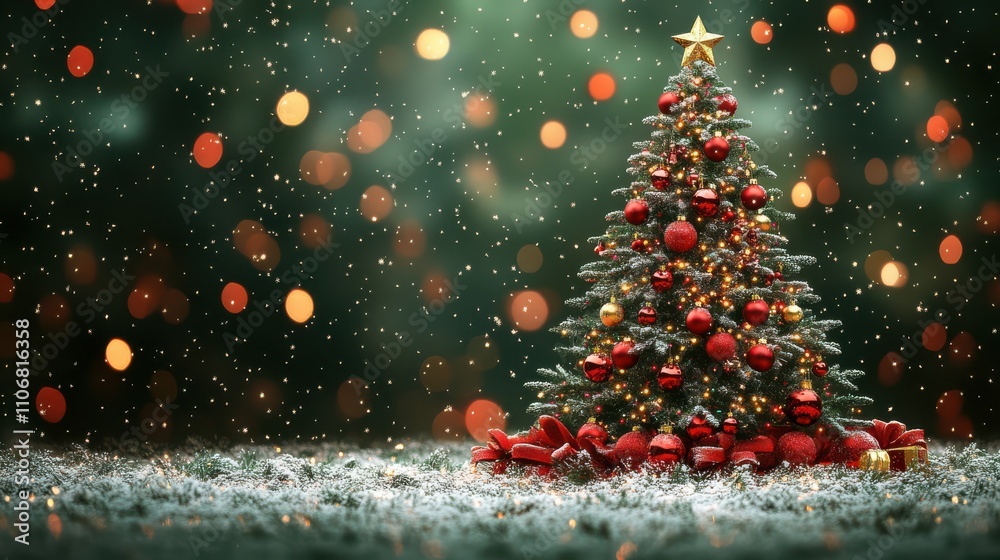 Christmas Tree with Red and Gold Decorations on Green Blurred Background Christmas Tree with Red and Gold Decorations on Green Blurred Background