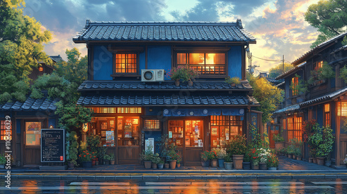 A local Japanese books shop and cafe decorated with Japanese tradition at entrance. In Autumn