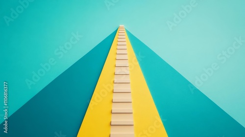 Abstract image of a staircase leading upward against a blue and yellow backdrop.