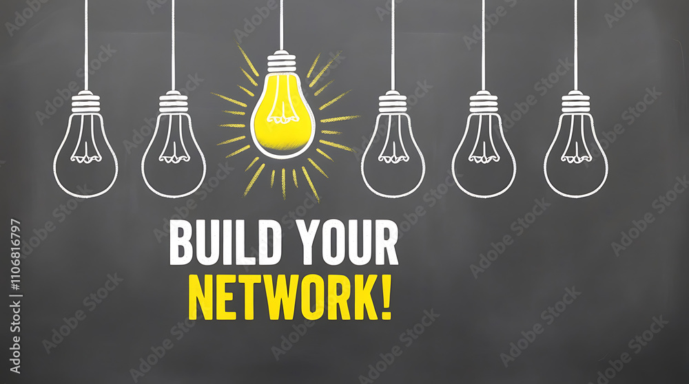 Light Bulb Outlines and 'BUILD YOUR NETWORK!' Motivational Text, digital network, team building, brainstorming, network development, professional growth, concept of innovation Light Bulb Outlines and 'BUILD YOUR NETWORK!' Motivational Text, digital network, team building, brainstorming, network development, professional growth, concept of innovation