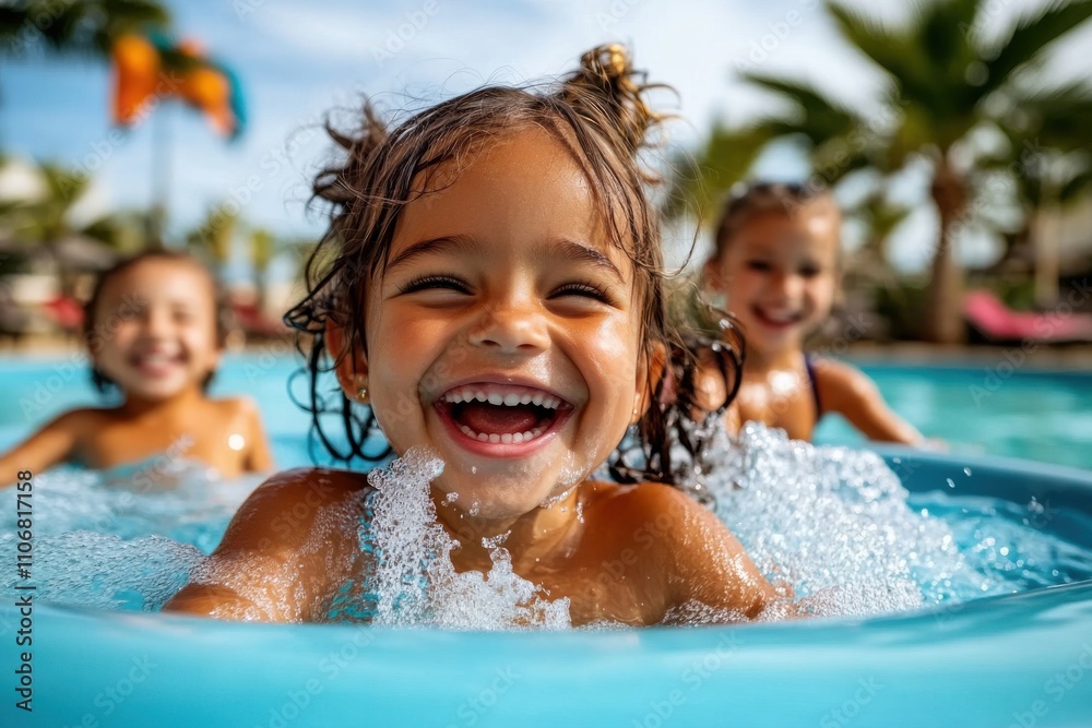 Happy girls playing in a swimming pool during summer vacation, high-resolution photography Happy girls playing in a swimming pool during summer vacation, high-resolution photography