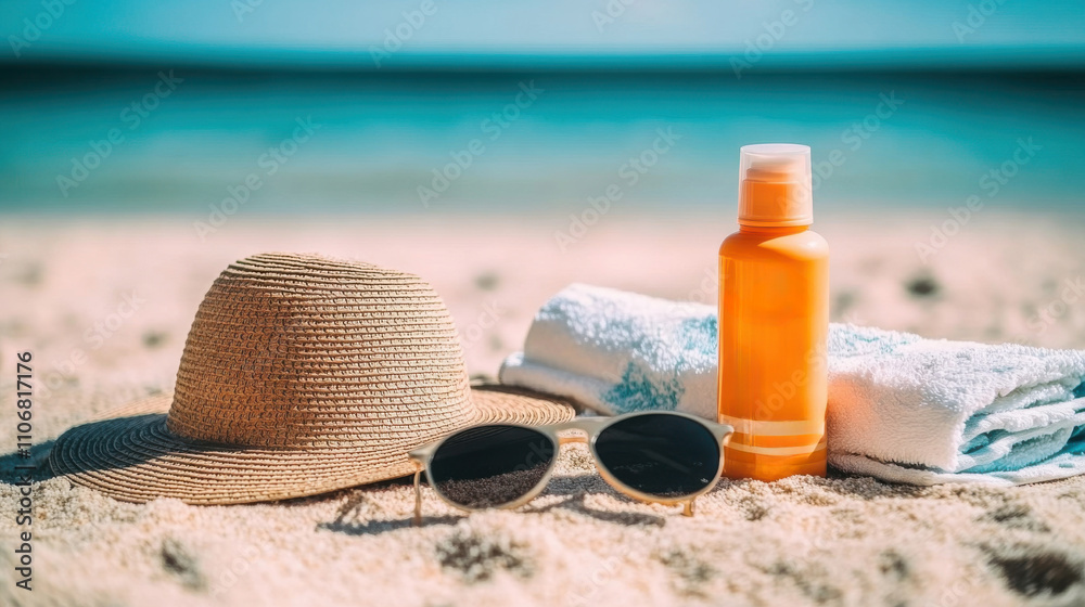 Sunscreen, hat, and towel on a beach, sea background, summer vacation concept Sunscreen, hat, and towel on a beach, sea background, summer vacation concept