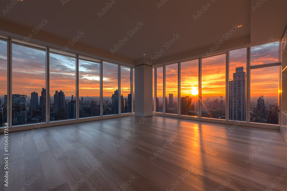 Fototapeta premium Panoramic Sunset Views: Modern Living Spaces with Floor-to-Ceiling Windows