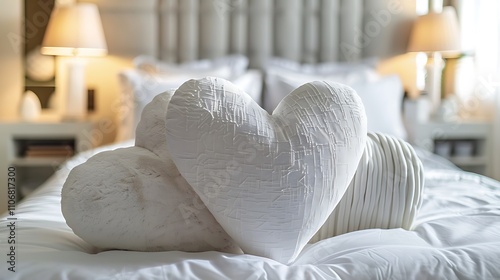 Heart shaped pillows in a tranquil bedroom with gentle hues and soothing decor promoting relaxation photo