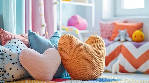 Heart shaped pillows in bright childrena??s room with vibrant colors and playful patterns enhancing joy photo