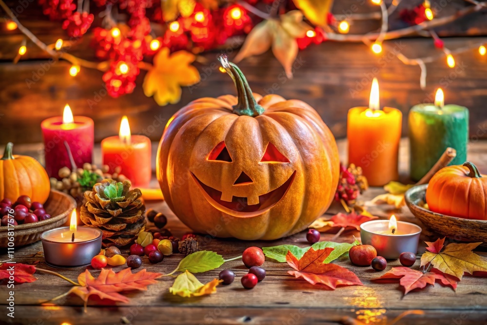 Cheerful Halloween Pumpkin with a Smiling Face Surrounded by Autumn Leaves and Festive Decorations for a Joyful Halloween Celebration Cheerful Halloween Pumpkin with a Smiling Face Surrounded by Autumn Leaves and Festive Decorations for a Joyful Halloween Celebration
