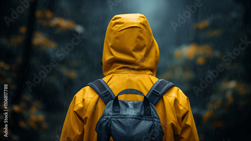 A person wearing a yellow raincoat and carrying a backpack is standing in the rain. Concept of adventure and determination