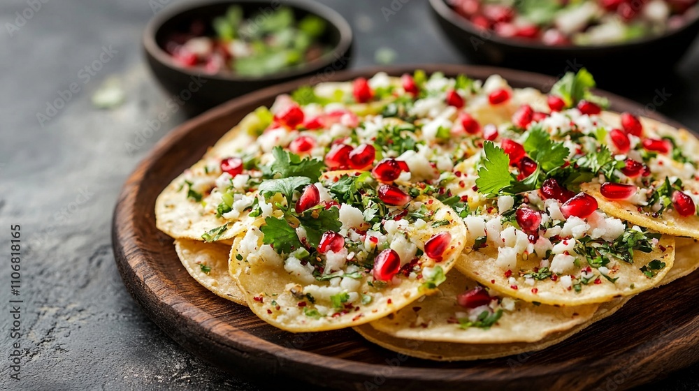 A platter of crispy papdi chaat topped with yogurt, chutneys, chickpeas, and pomegranate seeds. A platter of crispy papdi chaat topped with yogurt, chutneys, chickpeas, and pomegranate seeds.