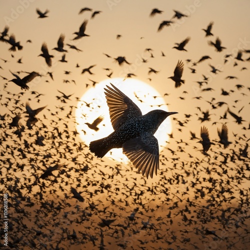 A starling flying in a large flock, silhouetted against the golden hues of a setting sun with a white background.