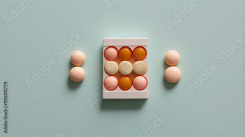 Various vitamin and mineral pills, food supplement health product, health care, copy space