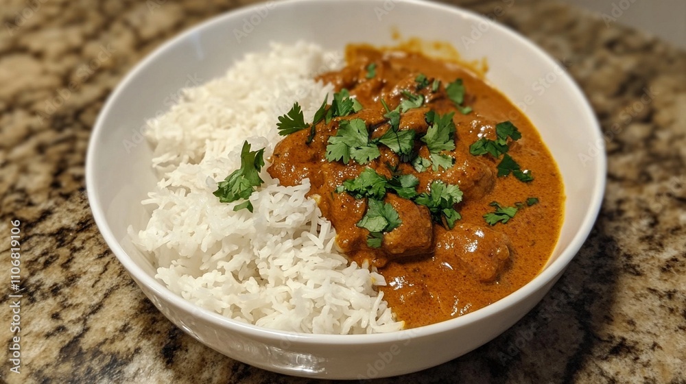 A steaming hot bowl of butter chicken, creamy and rich with basmati rice. A steaming hot bowl of butter chicken, creamy and rich with basmati rice.