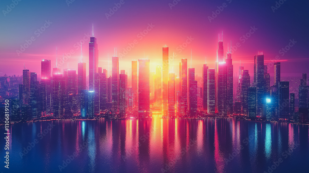 A city skyline with a sunset in the background. The city is lit up with neon lights, creating a vibrant and energetic atmosphere A city skyline with a sunset in the background. The city is lit up with neon lights, creating a vibrant and energetic atmosphere