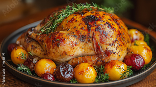 A large roasted chicken with herbs and potatoes on a plate. The chicken is golden brown and has a crispy skin. The potatoes are arranged around the chicken, with some of them being sliced photo