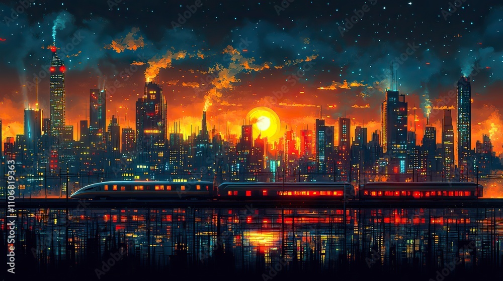 A dynamic depicts an industrial panorama with a night cityscape, featuring airplanes and trains in motion A dynamic depicts an industrial panorama with a night cityscape, featuring airplanes and trains in motion