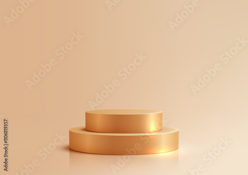 Golden 3D Two Tiered Podium on a Beige Background with Soft Lighting, Minimal Luxury Mockup Design