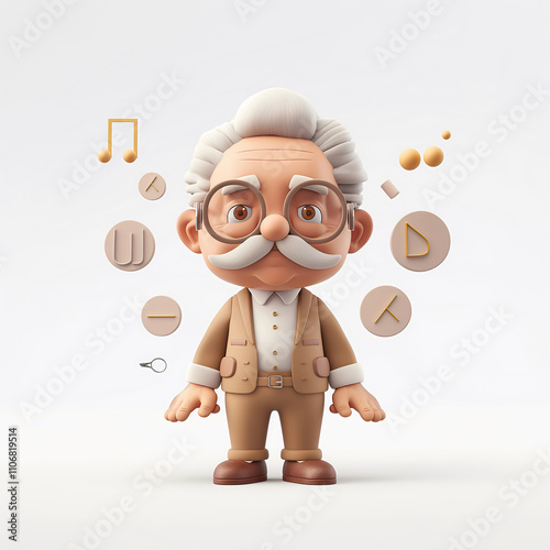 A stylized linguistics professor character is suspended among floating geometric language symbols. Dressed in a clean academic outfit, the soft colors enhance the scholarly ambiance