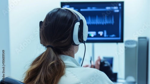 A clinical audiologist conducting hearing tests on a patient in an audiology clinic, with audiometric testing equipment and hearing healthcare setting visible, Audiology style photo