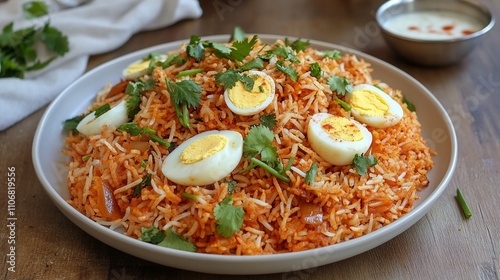 A vibrant plate of Hyderabadi biryani garnished with fresh coriander, fried onions, and boiled eggs, with raita and spicy salan on the side.