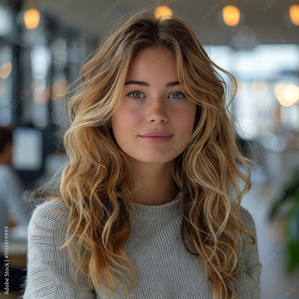 Portrait of a Young Woman with Wavy Hair in Modern Setting Portrait of a Young Woman with Wavy Hair in Modern Setting