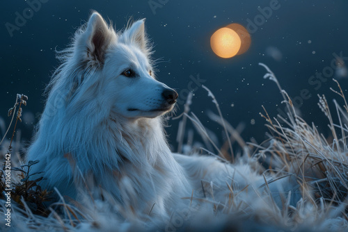  Majestic White Dog in Frosty Meadow at Dusk