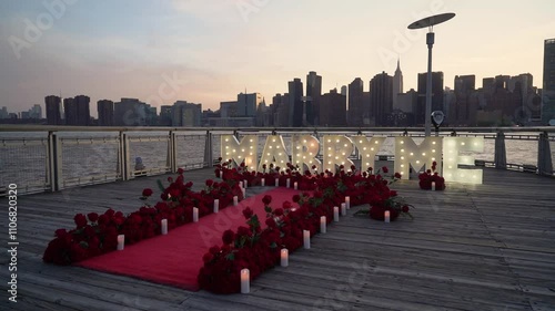 The romantic proposal includes Marry Me letters with rose petals and candles against a city skyline. The scenery creates a perfect setting for a special moment of commitment and love