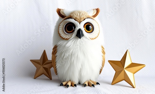 owl christmas Decorative cuty owl and two christmas toys star on white textured background  animal, decoration, season, bird photo