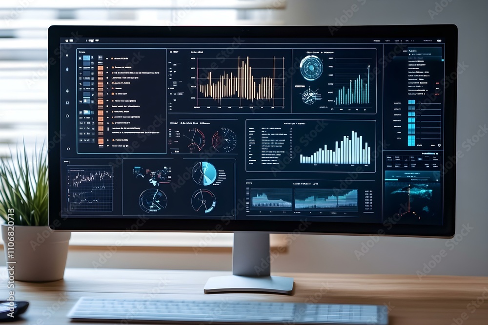desktop computer screen data work room background living room studio desktop computer screen data work room background living room studio