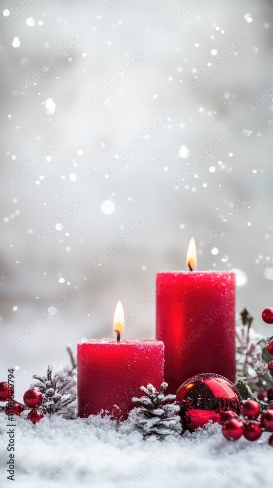 Advent candle, fir tree branches and holiday decorations in snow against light garland background. Christmas card. Advent candle, fir tree branches and holiday decorations in snow against light garland background. Christmas card.