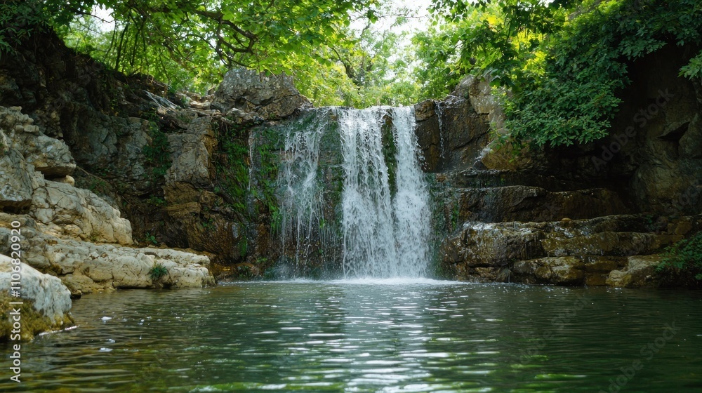 Fototapeta premium Isolated waterfall surrounded by nature, cascading down into a calm pool below