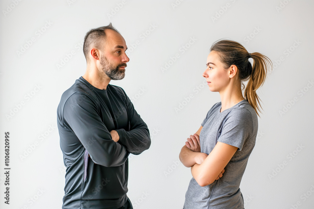 Caucasian male and female adults confronting each other with crossed arms Caucasian male and female adults confronting each other with crossed arms