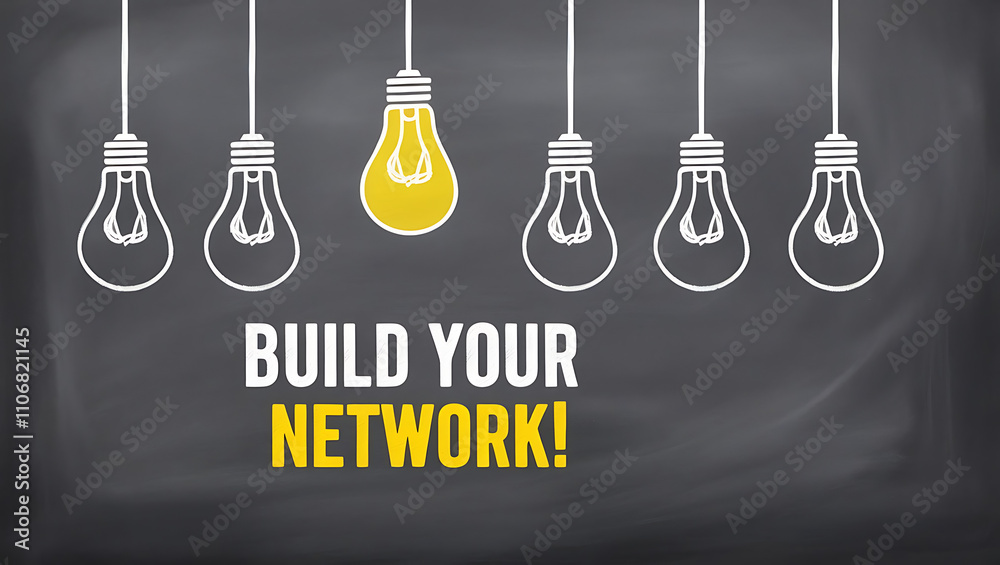 Light Bulb Outlines and 'BUILD YOUR NETWORK!' Motivational Text,  digital network, team building, brainstorming, network development, professional growth, concept of innovation