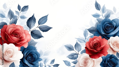 Fototapeta Naklejka Na Ścianę i Meble -  A floral border clip art featuring red, white, and blue rose flowers in a cute design