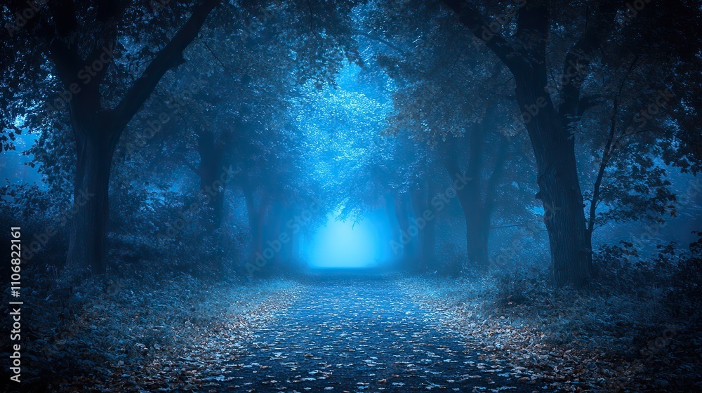A foggy forest at night with dark blue light, eerie branches reaching skyward, and leaves on the ground, creating a scary vibe A foggy forest at night with dark blue light, eerie branches reaching skyward, and leaves on the ground, creating a scary vibe
