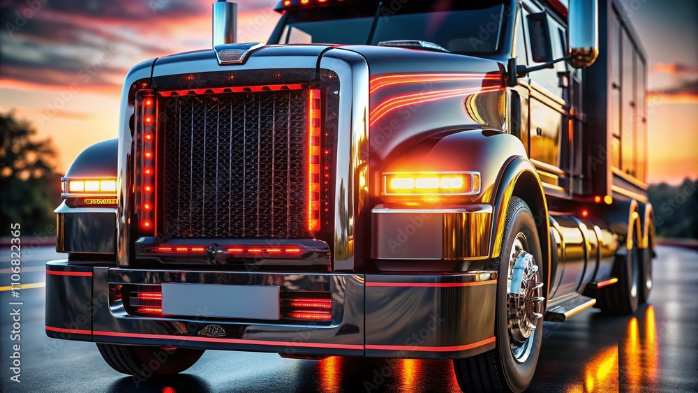 Close-Up of a Black Truck with Red and Yellow LED Lights Showcasing Stylish Metal Finishes in Ultra-High Definition, Captured with the Rule of Thirds for Impactful Composition Close-Up of a Black Truck with Red and Yellow LED Lights Showcasing Stylish Metal Finishes in Ultra-High Definition, Captured with the Rule of Thirds for Impactful Composition