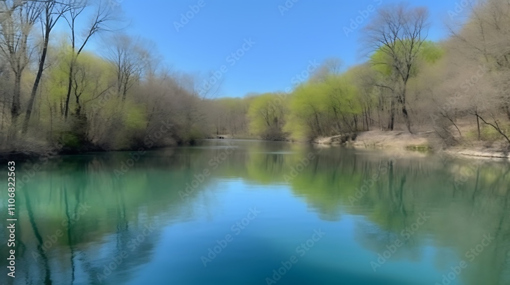 Tranquil Spring River Scene With Trees Reflecting Tranquil Spring River Scene With Trees Reflecting