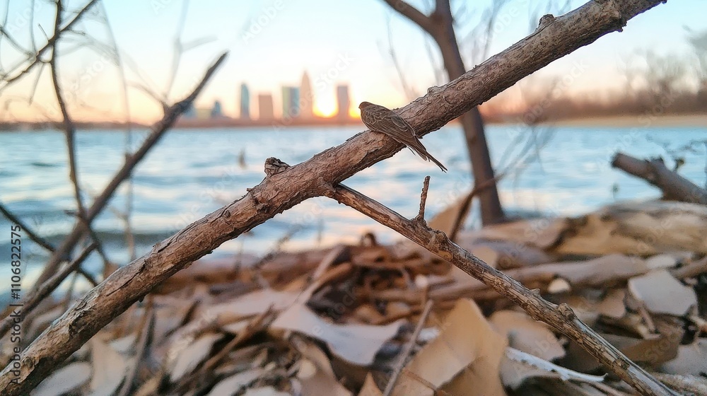 Sunrise Bird on Branch River Cityscape Background Sunrise Bird on Branch River Cityscape Background