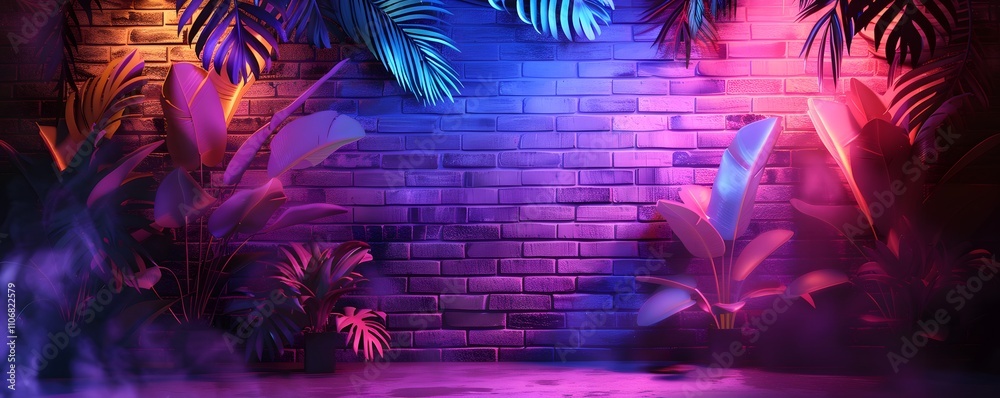 Fototapeta premium Neon Lit Brick Wall With Tropical Plants