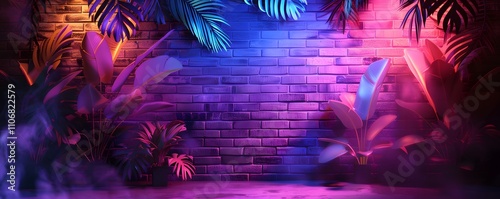 Wallpaper Mural Neon Lit Brick Wall With Tropical Plants Torontodigital.ca