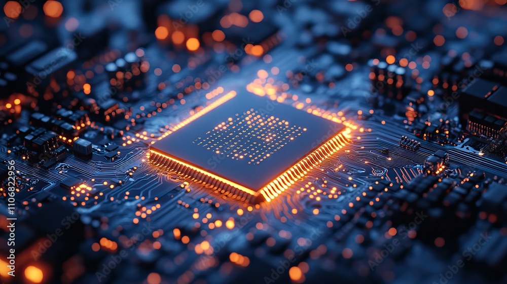 A futuristic circuit board and chip digital technology banner in blue and black A futuristic circuit board and chip digital technology banner in blue and black