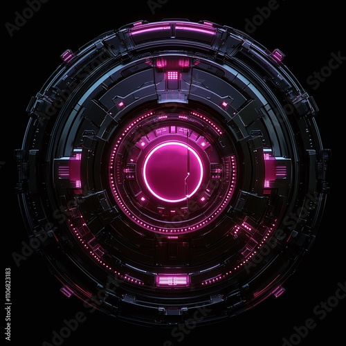 Futuristic circular design with glowing pink elements and intricate details in a high-tech environment