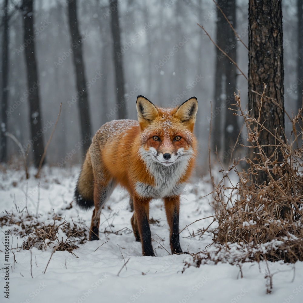 Obraz premium A curious red fox standing in a snowy forest clearing under a pale winter sky.
