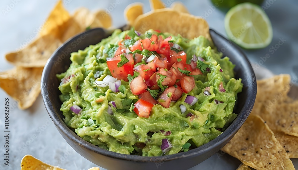 Freshly Made Guacamole Garnished with Diced Tomatoes, Onions, and Cilantro Freshly Made Guacamole Garnished with Diced Tomatoes, Onions, and Cilantro
