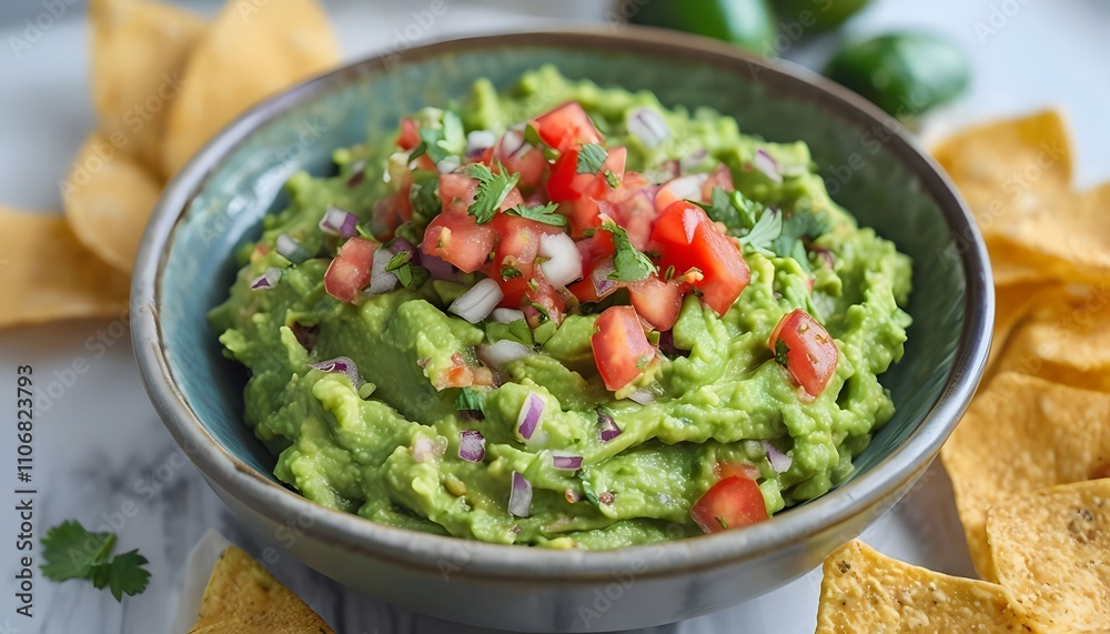 Freshly Made Guacamole Garnished with Diced Tomatoes, Onions, and Cilantro Freshly Made Guacamole Garnished with Diced Tomatoes, Onions, and Cilantro