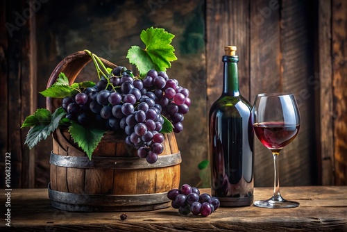 Close-Up of a Glass Bottle with Dark Purple Grapes Beside a Wooden Barrel and Metal Equipment in a Minimalist Photography Style