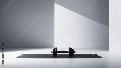 Sports background, dumbbell on the floor in the fitness room. copy space