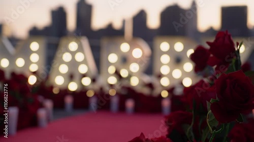 The romantic proposal includes Marry Me letters with rose petals and candles against a city skyline. The scenery creates a perfect setting for a special moment of commitment and love