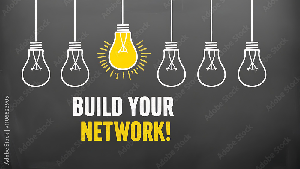 Light Bulb Outlines and 'BUILD YOUR NETWORK!' Motivational Text,  digital network, team building, brainstorming, network development, professional growth, concept of innovation
