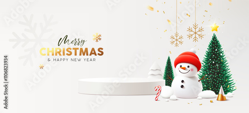 Merry Christmas and happy new year podium, Snowman, pine tree, greeting card banner design on white background, Eps 10 vector illustration