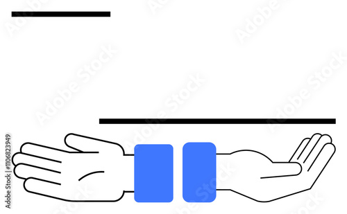 Two outstretched hands with blue wristbands, placed under two black lines. Ideal for themes of support, giving, unity, partnership, cooperation, generosity and help. Line metaphor